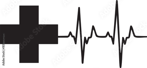 Health and medicine concept with heart beat lifeline and a plus symbol in monochrome