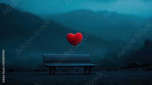 Heart-shaped balloon floating above a lonely bench in a misty mountainous landscape