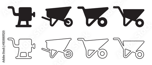 Collection of meat grinder and wheelbarrow icons in solid and outline styles for various uses.