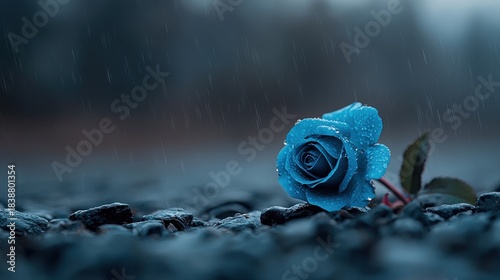 Delicate Blue Rose Surrounded by Rain on a Gloomy Day with Textured Pebble Ground