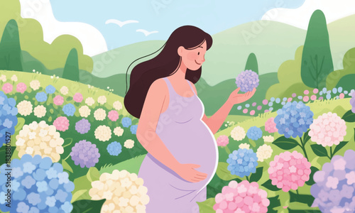 Pregnant Woman in Natural Flower Garden Illustrator Artwork Banner Background Design Template 