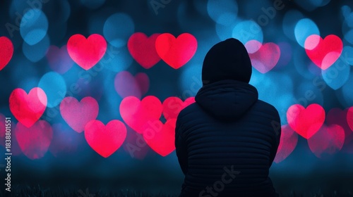 Person in Hoodie Gazing at Colorful Heart Shapes in a Dreamy Background Atmosphere