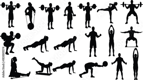 Fitness and Workout Silhouette Vector Set: Diverse Action Poses for Strength Training, Yoga, and Bodyweight Exercises, Ideal for Health and Gym Design
