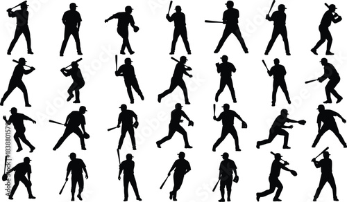 Baseball Player Silhouette Vector Set: Dynamic Action Poses for Pitching, Hitting, Running, and Fielding, Perfect for Sports Graphic Design, Logo, T-shirt Prints