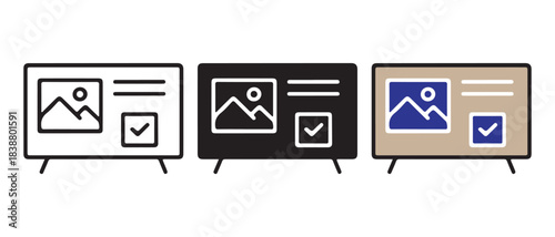 Presentation slide content review icon set with image and checkbox in outline and color styles.
