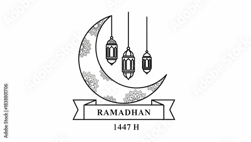 Ramadhan crescent moon and lanterns Islamic celebration.