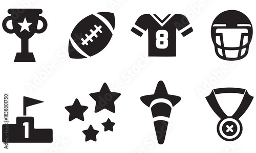 Sports and Cheerleading Icons Set – Trophy, Jersey, Helmet & Award Vector Collection
