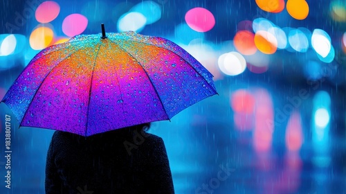 Vibrant Umbrella with Raindrops Under Colorful Bokeh City Lights at Night