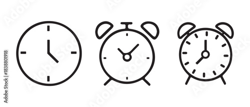 A collection of different clock and alarm clock icons in line art style.