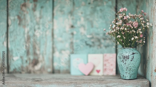 Vintage Rustic Decor with Beautiful Flowers in Pastel Colors on Weathered Wood Background