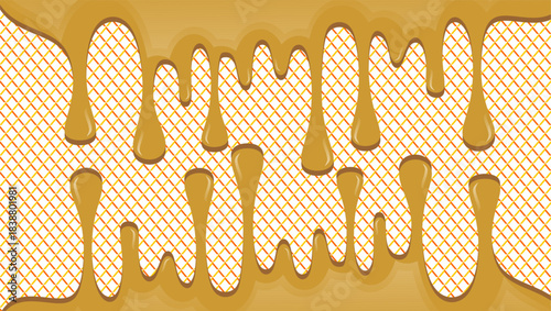 Hot chocolate drip illustration. Melting chocolate on waffle background. Drippy ice cream vector design. Wavy choco melt border. Brown chocolate drips illustration.
