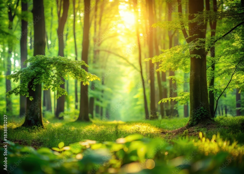 Fototapeta premium Serene woodland tranquility unfolds with blurred beauty in a lush greenery backdrop