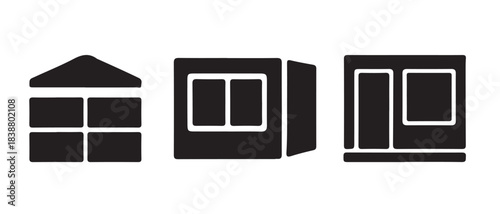 Minimalist black icons representing different building facades and real estate property types.