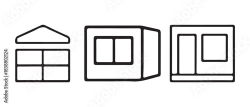 A collection of black line drawings representing different house styles and building icons.