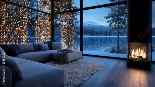 Cozy Modern Living Room with Fireplace and Winter View of Snowy Landscape at Dusk