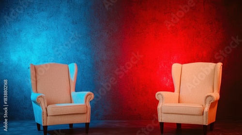 Cozy Armchairs Against Colorful Background in Soft Lighting for Interior Design Concepts