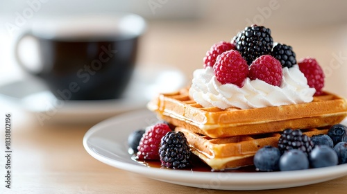 Delicious Waffles Topped with Fresh Berries and Whipped Cream on Plate with Coffee