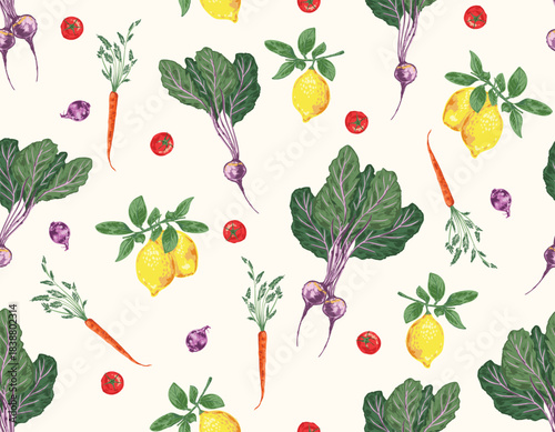 Trendy hand drawn vegetables sketch. Vintage seamless pattern vector with fresh pick vegetables from farm