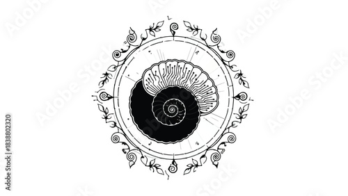 Intricate black and white illustration of a Nautilus shell within a decorative circular frame, symbolizing nature's perfect geometry.