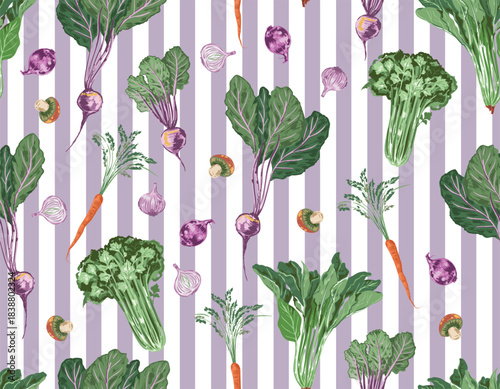 Trendy hand drawn vegetables sketch. Vintage seamless pattern vector with fresh pick vegetables from farm