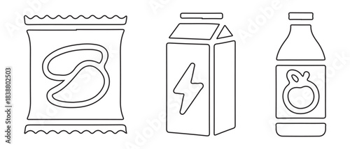 A minimalist collection of packaged food and drink line art icons for grocery-related concepts.