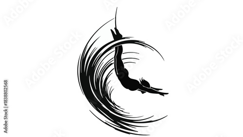 Silhouette of a person diving through a stylized wave, symbolizing courage and adventure.