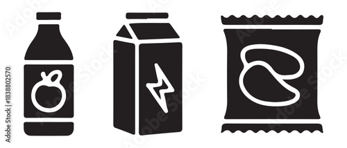 Black silhouettes of common grocery store items including a juice bottle, energy drink carton, and snack bag.
