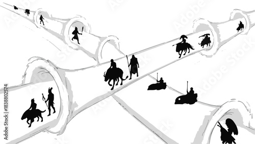 Silhouettes of diverse figures journeying through surreal, expanding pathways of light.