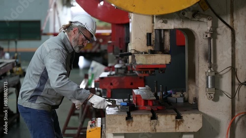 Senior industrial worker with grey beard and safety gloves operating a heavy red hydraulic press. He processes metal parts in a manufacturing factory workshop.