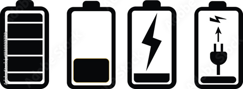 Battery Status Icon Set Showing Charging, Low Power, Full Charge and Energy Level with Electricity and Rechargeable Indicator"