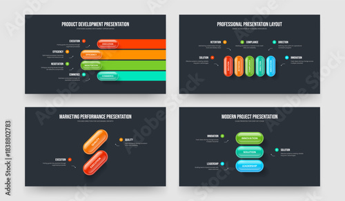 Digital Introduction Four Five Two Three Option Diagram Slide Layout Vector Illustration Set. Investor Forecast 4 5 2 3 Element Infographic Frame Template Collection.