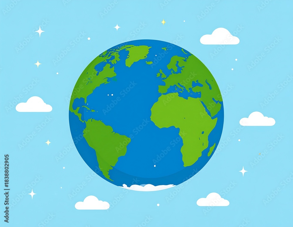 Naklejka premium A cartoon depiction of the Earth surrounded by clouds and stars against a bright blue sky