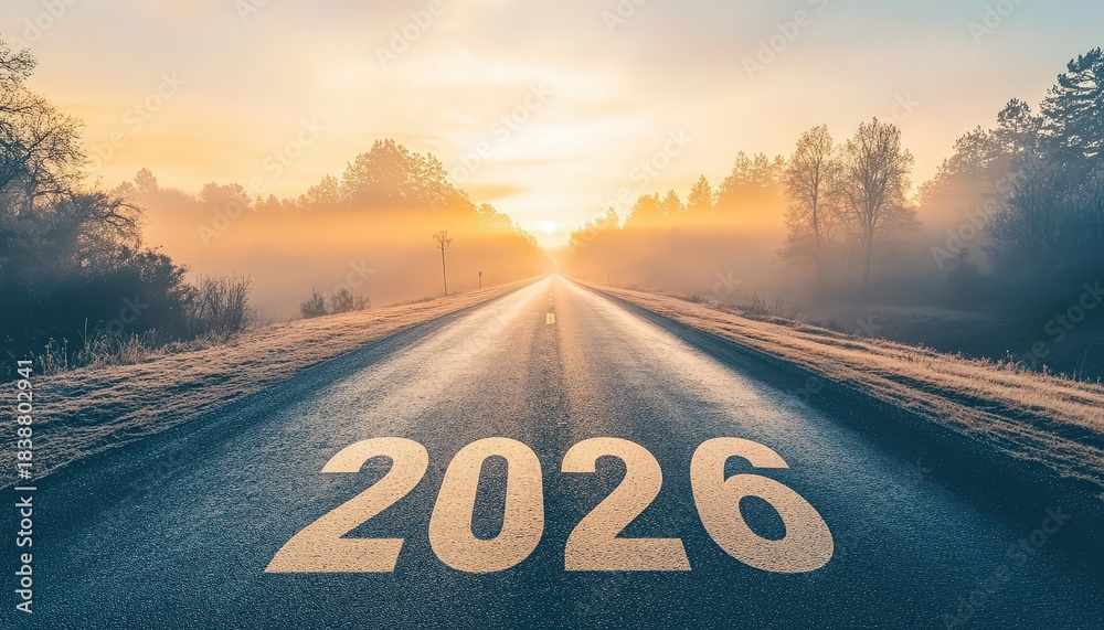 Fototapeta premium Asphalt highway stretches toward a glowing sunrise with the numerical year two thousand twenty six painted on the road surface