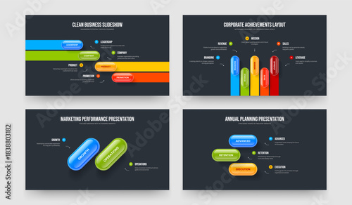 Consulting Growth Four Five Two Three Element Diagram Presentation Layout Vector Illustration Set. Product Development 4 5 2 3 Option Infographic Slideshow Design Collection.
