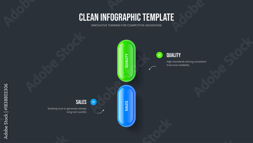 Service Portfolio 2 Option Diagram Slideshow Template. Sales Report Two Element Infographic Slide Design. Creative Overview Frame Layout Vector Illustration.