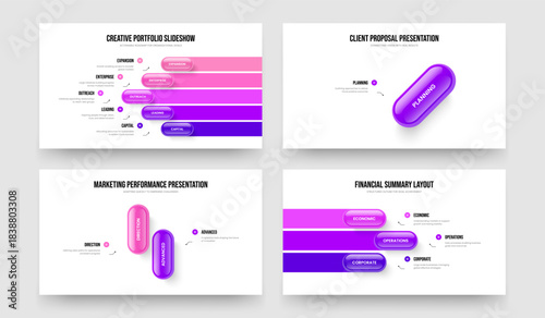 Product Campaign Five One Two Three Option Infographic Presentation Layout Vector Illustration Collection. Market Analysis 5 1 2 3 Step Diagram Slideshow Template Bundle.