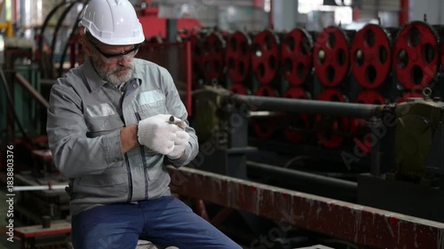 Senior industrial mechanic wearing safety helmet and glasses working with metal parts on workbench in manufacturing factory workshop for maintenance and engineering industry concept.