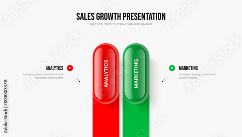 Market Growth Two Option Diagram Presentation Template. Advertising Briefing 2 Step Infographic Slide Design. Sales Planning Slideshow Layout Vector Illustration.
