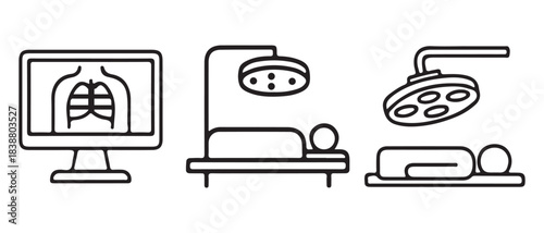 Medical diagnosis and surgery icons, patient on table, x-ray.