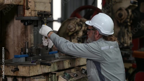 Senior industrial worker with grey beard and safety gloves operating a heavy red hydraulic press. He processes metal parts in a manufacturing factory workshop.