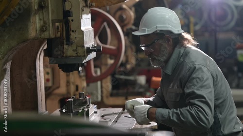 Senior industrial worker with grey beard and safety gloves operating a heavy red hydraulic press. He processes metal parts in a manufacturing factory workshop.