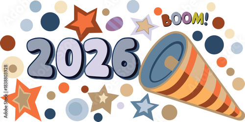 Celebrating the new year 2026 with party favors and colorful confetti design