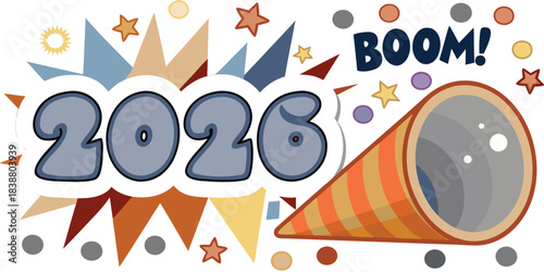 Celebrating new year 2026 with a party horn and festive decorations around numbers