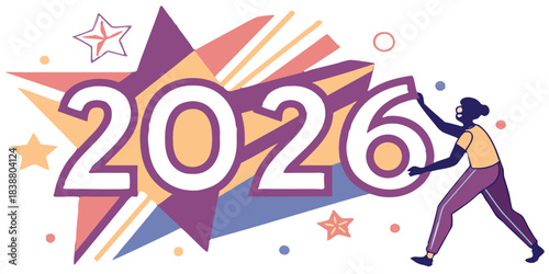 Celebrating the year 2026 with festive decorations and a woman reaching up high