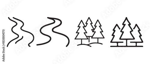 Line art icons of winding roads, paths, and coniferous trees.