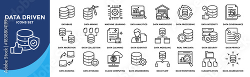 Data driven icon collection set. Contain Database, Mining, Machine Learning, Analytics, Warehouse , Data Processing, Data Integrity, Data Governance