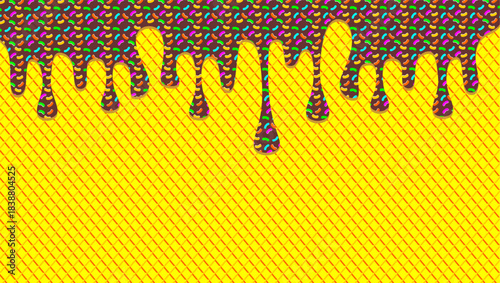 Wavy ice cream drip illustration. Dripping ice cream with sprinkles on waffle background. Fast food ice cream drip illustration. Melting ice cream with sprinkles illustration.