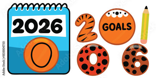 Colorful 2026 new year goals illustration with calendar and pencil on white background