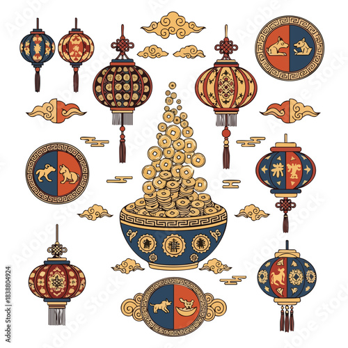 A vibrant collection of Chinese New Year icons featuring lanterns and a prosperity bowl filled with coins, set against a clean white background. Perfect for festive designs, holiday
