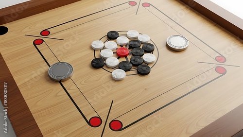 Carrom Board Game with Black White and Red Discs on Wooden Surface